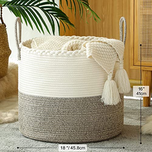 KAKAMAY Large Blanket Basket (18"x18"x16"),Woven Baby Laundry Hamper for Storage, Cotton Rope Blankets Baskets for Nursery, Laundry, Living Room, Pillows, Baby Toy chest with Handles (White/Beige)