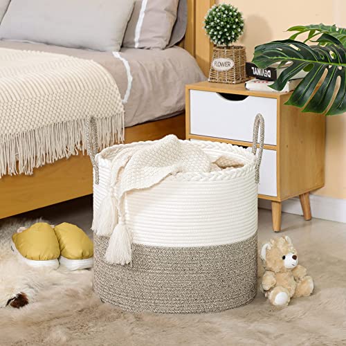 KAKAMAY Large Blanket Basket (18"x18"x16"),Woven Baby Laundry Hamper for Storage, Cotton Rope Blankets Baskets for Nursery, Laundry, Living Room, Pillows, Baby Toy chest with Handles (White/Beige)