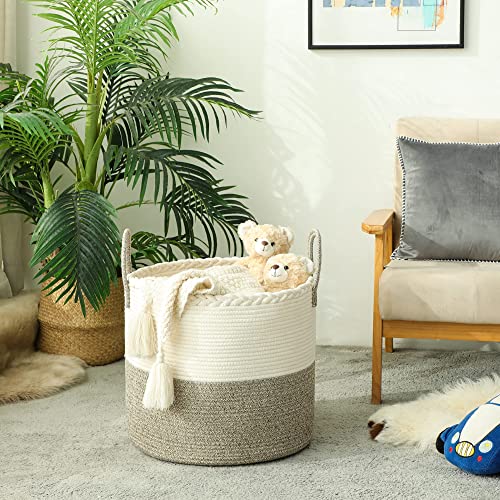 KAKAMAY Large Blanket Basket (18"x18"x16"),Woven Baby Laundry Hamper for Storage, Cotton Rope Blankets Baskets for Nursery, Laundry, Living Room, Pillows, Baby Toy chest with Handles (White/Beige)