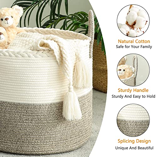 KAKAMAY Large Blanket Basket (18"x18"x16"),Woven Baby Laundry Hamper for Storage, Cotton Rope Blankets Baskets for Nursery, Laundry, Living Room, Pillows, Baby Toy chest with Handles (White/Beige)