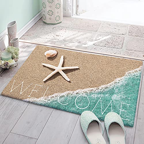 Fluffy Shag Area Rug,Coastal Beach Starfish Shells Ultra Soft Shaggy Carpet for Bedroom Living Room Bathroom Nursery, Teal Sea Water Floor Door Mats Home Decor 24×36in