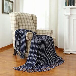 decorative white dot navy throw blanket, soft chenille woven blanket with tassels for farmhouse boho décor, 50″ x 60″, dark navy