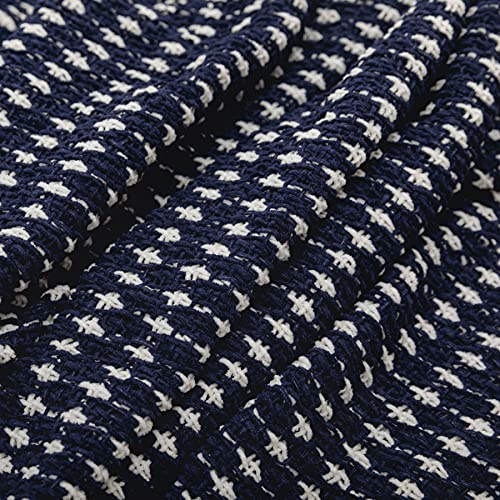 Decorative White Dot Navy Throw Blanket, Soft Chenille Woven Blanket with Tassels for Farmhouse Boho Décor, 50" x 60", Dark Navy