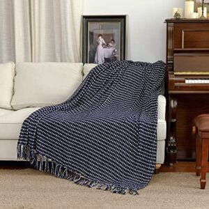 Decorative White Dot Navy Throw Blanket, Soft Chenille Woven Blanket with Tassels for Farmhouse Boho Décor, 50" x 60", Dark Navy