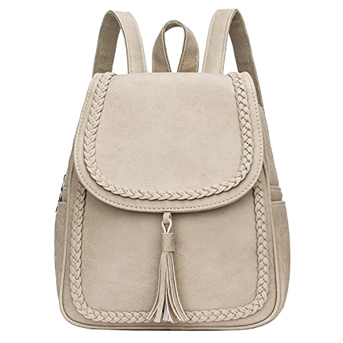 KKXIU Fashion Small Synthetic Leather Backpack Purse For Women and Teen Girls With Tassel (beige)