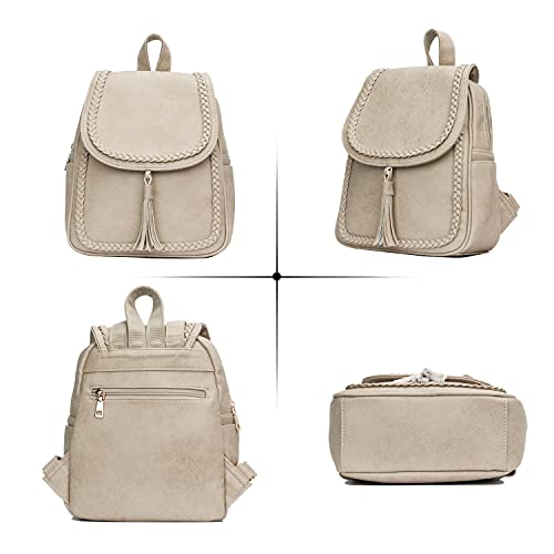 KKXIU Fashion Small Synthetic Leather Backpack Purse For Women and Teen Girls With Tassel (beige)