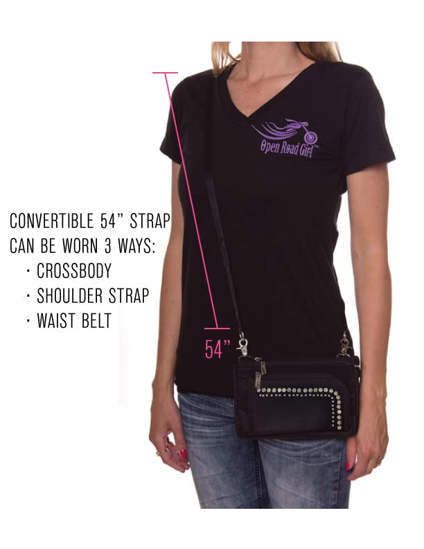 Open Road Girl Adjustable Strap Hip Purse for Women with Lobster Claw Clips, Three Ways to Wear: Hip Clip, Strap It Around, and Over Your Shoulder(Studded with Rhinestones)