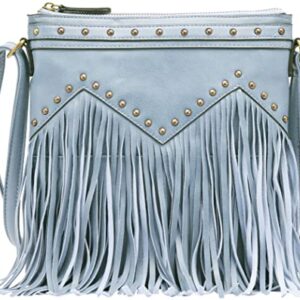 B BRENTANO Vegan Fringed Crossbody Bag with Studs (Blue Gray)