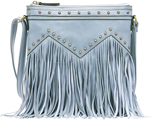 B BRENTANO Vegan Fringed Crossbody Bag with Studs (Blue Gray)