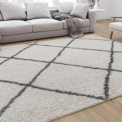 Merrick Lane Shag Style Diamond Trellis Area Rug - 8' x 10' - Ivory/Gray Polyester (PET)