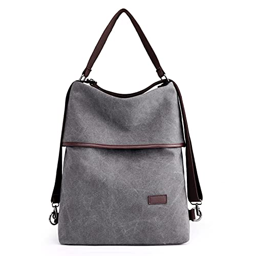 WECALF Women Multifunction Canvas Shoulder Bag, Convertible to Backpack or Crossbody Purse, Natural Fabric, Ideal for Traveling, Shopping, Schooling, Dating, Camping, Hiking, Working (grey)