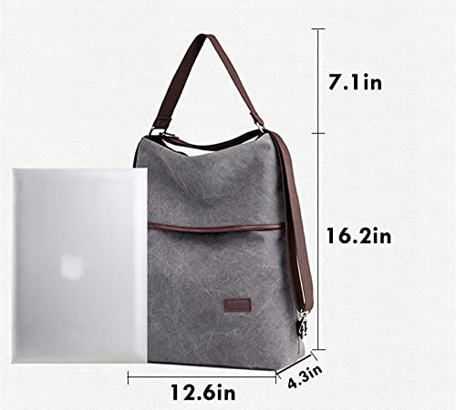 WECALF Women Multifunction Canvas Shoulder Bag, Convertible to Backpack or Crossbody Purse, Natural Fabric, Ideal for Traveling, Shopping, Schooling, Dating, Camping, Hiking, Working (grey)
