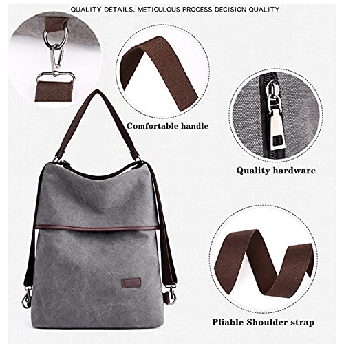 WECALF Women Multifunction Canvas Shoulder Bag, Convertible to Backpack or Crossbody Purse, Natural Fabric, Ideal for Traveling, Shopping, Schooling, Dating, Camping, Hiking, Working (grey)