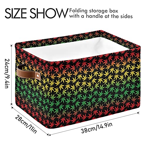 Large Foldable Storage Bin Gradient Marijuana Leaves Fabric Storage Baskets Collapsible Decorative Baskets Organizing Basket Bin with PU Handles for Shelves Home Closet Bedroom Living Room-1Pack