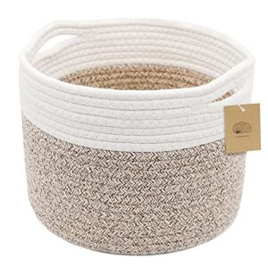 Small Rope Basket small Round Woven Basket With Handle 9.5x9.5x7.1 in Cute Cotton Basket Nursery Shelf Small Storage Basket Stitching Brown Beige Mixed Design Style 8.2L