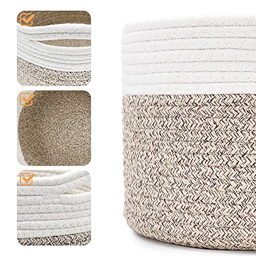 Small Rope Basket small Round Woven Basket With Handle 9.5x9.5x7.1 in Cute Cotton Basket Nursery Shelf Small Storage Basket Stitching Brown Beige Mixed Design Style 8.2L