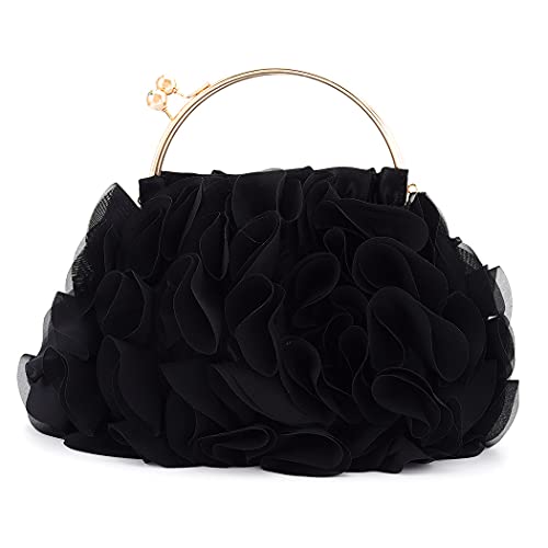 Yokawe Floral Clutch Purses for Women Satin Flower Evening Bag Party Prom Handbags (Black)