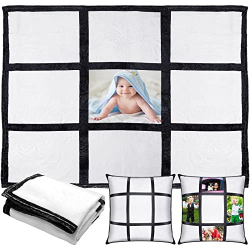 Peryiter Sublimation Flannel Throw Blanket and 2 Pieces Blank Pillow Cases 60 x 50 Inches Personalized Custom Photo Blanket with 9 Printable Panels Soft Blanket Pillow Covers for Home Supplies