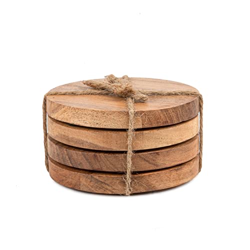 Samhita Acacia Wood Round Coasters Protection Tabletop ,Countertop and Surfaces from Water Marks or Damage | Home & Office Decor | Housewarming Gift (Set of 4) (4" x 4" X 0.5")