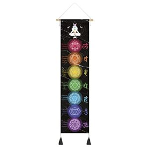 digitizerart hanging poster canvas wall art banner for meditation 7 chakras yoga painting | wall hanging tapestry decoration black and white | 33 x 135 cm (black)