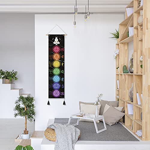 DigiTizerArt Hanging Poster Canvas Wall Art Banner for Meditation 7 Chakras Yoga Painting | Wall Hanging Tapestry Decoration Black and White | 33 x 135 cm (Black)