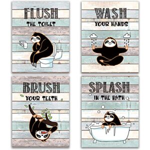 faljiok funny sloth bathroom decor wall art sign, rustic farmhouse wood sloth bathroom rules wall art for kids, sloth lover, nursery, wash brush flush, 4set,8”x10” unframed
