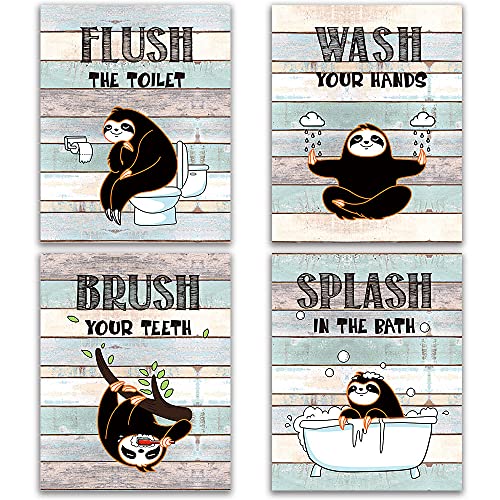 FALJIOK Funny Sloth Bathroom Decor Wall Art Sign, Rustic Farmhouse Wood Sloth Bathroom Rules Wall Art for Kids, Sloth lover, Nursery, Wash Brush Flush, 4set,8”X10” Unframed