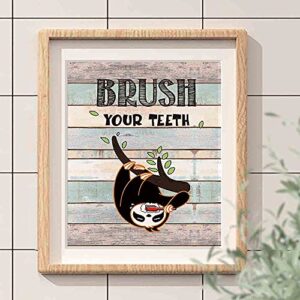 FALJIOK Funny Sloth Bathroom Decor Wall Art Sign, Rustic Farmhouse Wood Sloth Bathroom Rules Wall Art for Kids, Sloth lover, Nursery, Wash Brush Flush, 4set,8”X10” Unframed