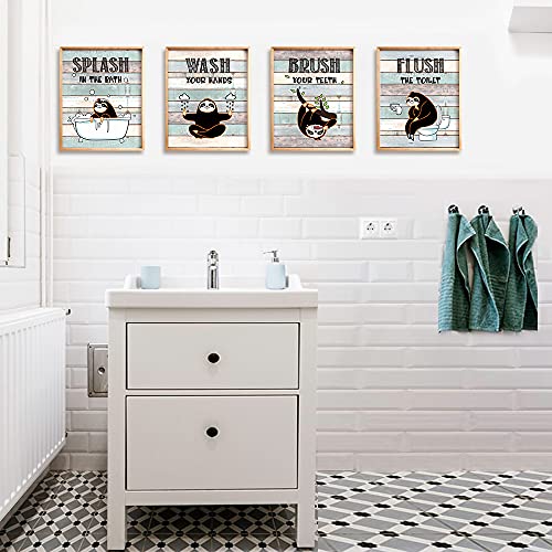 FALJIOK Funny Sloth Bathroom Decor Wall Art Sign, Rustic Farmhouse Wood Sloth Bathroom Rules Wall Art for Kids, Sloth lover, Nursery, Wash Brush Flush, 4set,8”X10” Unframed