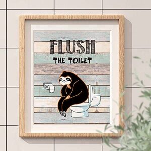 FALJIOK Funny Sloth Bathroom Decor Wall Art Sign, Rustic Farmhouse Wood Sloth Bathroom Rules Wall Art for Kids, Sloth lover, Nursery, Wash Brush Flush, 4set,8”X10” Unframed