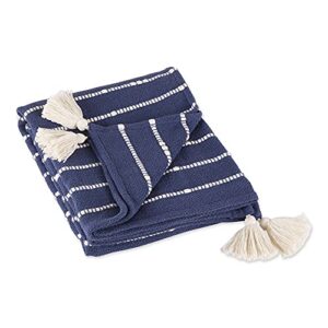 dii striped throw collection cotton slub, hand-tied tassels, 50×60, french blue & off-white