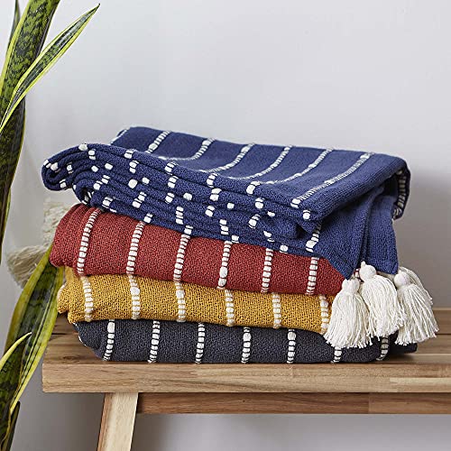 DII Striped Throw Collection Cotton Slub, Hand-Tied Tassels, 50x60, French Blue & Off-White