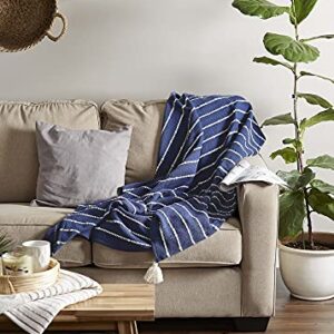 DII Striped Throw Collection Cotton Slub, Hand-Tied Tassels, 50x60, French Blue & Off-White