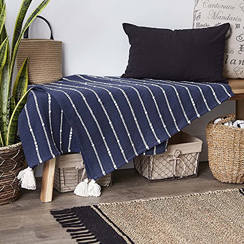 DII Striped Throw Collection Cotton Slub, Hand-Tied Tassels, 50x60, French Blue & Off-White