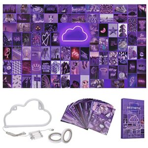aesthetic aurora 85 pcs 4×6″ photo wall collage kit, aesthetic posters & cloud led lights for bedroom, picture collage kit for wall aesthetic indie room decor & neon signs, double sided tape included