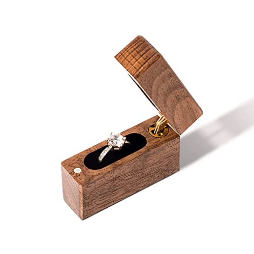 Wislist Wooden Engagement Ring Box Small Slim Flat Ring Case for Proposal,Wedding (Walnut Wood)