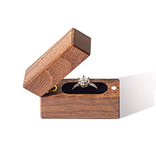 Wislist Wooden Engagement Ring Box Small Slim Flat Ring Case for Proposal,Wedding (Walnut Wood)