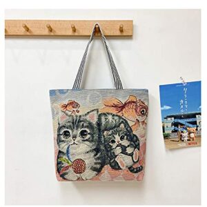 Women Canvas Cat Tote Bag Cat Print Bag Cat Graphic Shoulder Bag Hobo Crossbody Handbag Casual(A08)