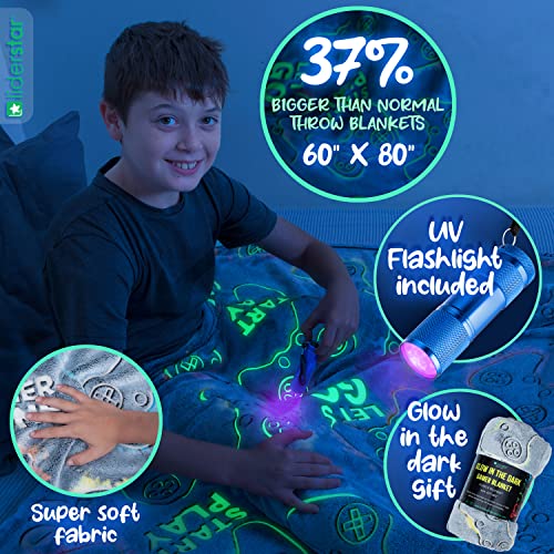 Glow in The Dark Gamer Blanket - 60 x 80 inch, Soft Cozy Kids Throw Blanket-Gaming Room Decor for Bedroom, Video Game Gift for Adults Teens Grandkids, Gifts for Him, Boys Gift Ideas