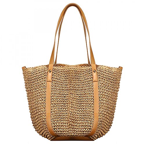 Round Straw Bag Handwoven Natural Summer Beach Shoulder Bag Rattan Crossbody Purse for Women (Khaki)