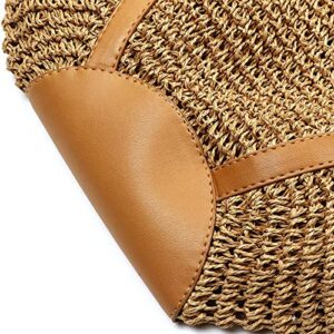 Round Straw Bag Handwoven Natural Summer Beach Shoulder Bag Rattan Crossbody Purse for Women (Khaki)