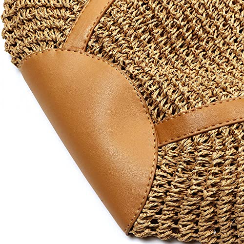 Round Straw Bag Handwoven Natural Summer Beach Shoulder Bag Rattan Crossbody Purse for Women (Khaki)