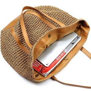 Round Straw Bag Handwoven Natural Summer Beach Shoulder Bag Rattan Crossbody Purse for Women (Khaki)