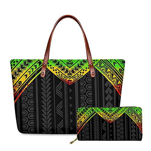 FKELYI Traditional Polynesian Tribal Bags for Women Large Capacity Top-Handle Bags&Long Wallets Set of 2,Ladies Luxurious Designer Handbags