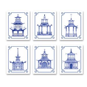 xuoiaynb chinoiserie art print– watercolor chinese blue white pavilion canvas wall art (8″x10″x6 pcs, unframed)-perfect for bedroom or study decor