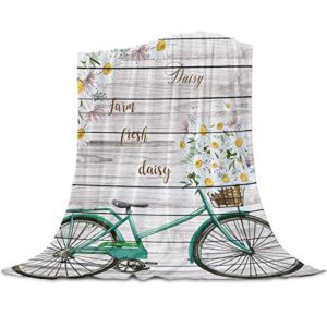 tocahome plush fuzzy fleece lightweight throw blanket green bicycle with farm fresh daisy on wooden super soft reversible microfiber flannel blankets for couch, bed, sofa (39″x49″)