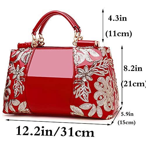 Rullar Women Handbag Purse Patent leather Top-Handle Shoulder Bag Embroidery Totes Satchel