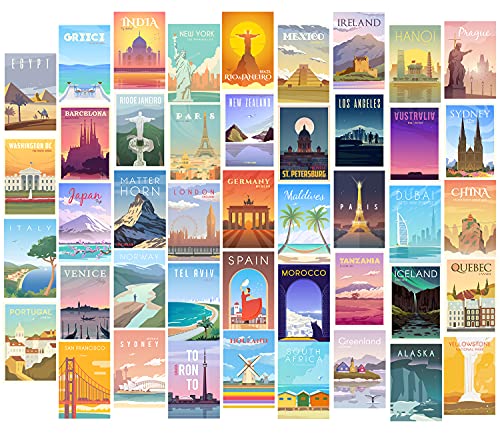 HerZii Prints Vintage Travel City Posters Collage Kit For Wall, 44 Pcs 4x6’’ Size - Trendy Cities Travel Vintage Poster Set - Vintage Wall Collage Kit - Retro Popular Cities Poster For Wall Decor