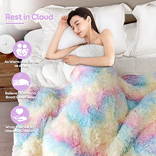 Cottonblue Weighted Blanket 15lbs Queen Size, Soft Faux Fur Sherpa Blanket, Reversible Fluffy Fleece Reverse Blankets, Warm and Cozy Rainbow Throw Decorative for Bedroom Sofa Floor, 60"x80"