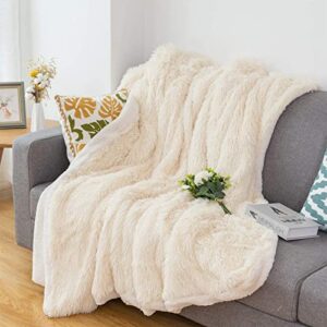 choshome faux fur throw blanket throw size, plush reversible faux fur and sherpa fleece blanket lightweight fuzzy shaggy blanket, comfy fluffy blankets and throws for couch sofa bed, 50″×60″, beige